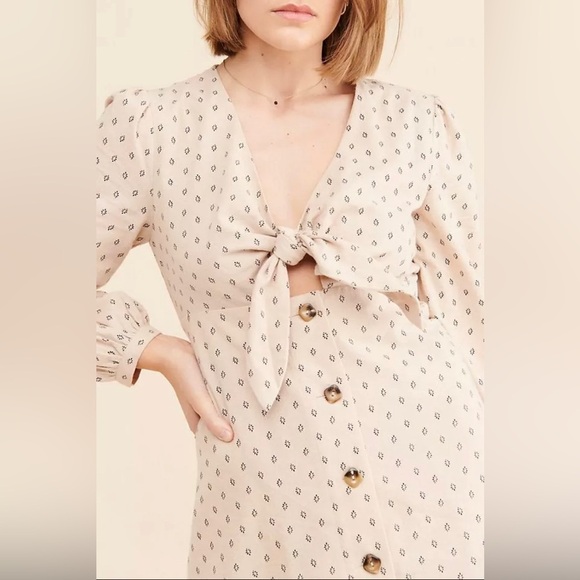 ANTHROPOLOGIE ENGLISH FACTORY FRONT KNOT BUTTON MIDI DRESS SMALL TAN FLANNEL - Picture 3 of 12